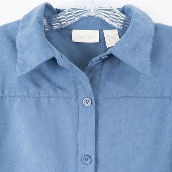 Studio Works Faux Suede Long Sleeve Button Up Shirt Womens Large Blue Western - Picture 5 of 16